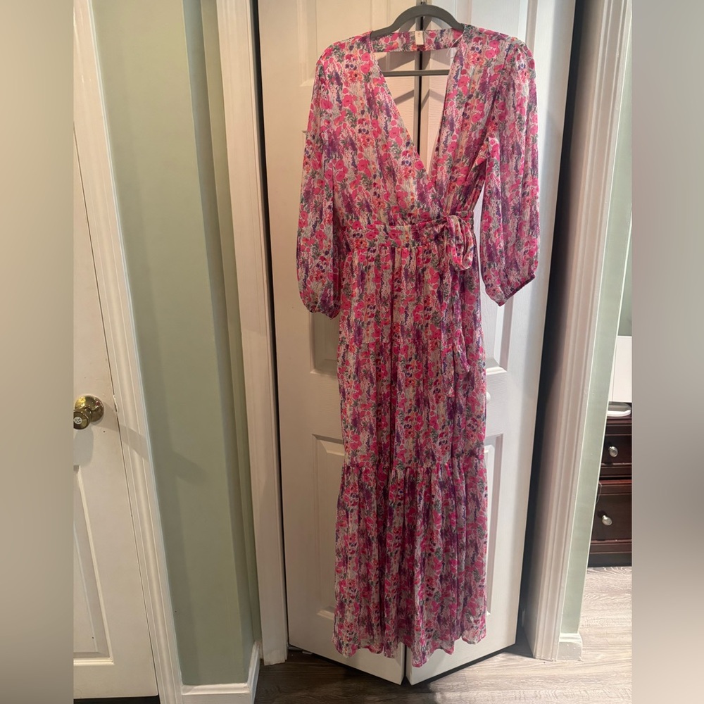 Pink Ruffled Wrap Sundress with Bishop Sleeves